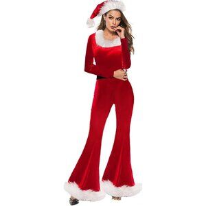 Womens Santa Claus Jumpsuit Christmas Velvet Romper with Hat Belt Cosplay